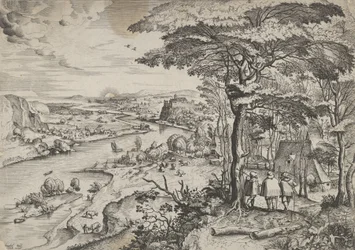 Matkalla Emmauksen maisemaan pyhiinvaeltajien kanssa Emmauksessa, n. 1555-56. Tekijät: Johannes van Doetecum I, Lucas van Doetecum.