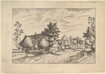 Village Street, heinää pinottu maatilan eteen Praediorum villarum et rusticar..., n. 1559-61.
