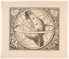 Hemelkaart van de aarde volgens het stelsel van Ptolemaeus Maan sijainti taivaallisten ympyröiden ympäröimänä (otsikko esineessä)