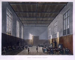 Great School Room of Rugby, "History of Rugby Schoolista", osa "History of the Colleges", kaiverruksesta Daniel Havell (1785-1826) pub. kirjoittanut R. Ackermann
