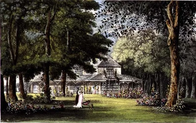 Prinsessa Elisabetin mökki, Old Windsor, R. Ackermannin (1764-1834) "Repository of Arts" -teoksesta.