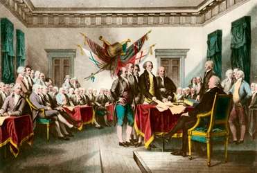 Yhdysvaltain itsenäisyysjulistuksen allekirjoittaminen vuonna 1776. Kaiverrus John Trumbullin (1756-1843) maalauksen mukaan, 1783. Yksityiskokoelma