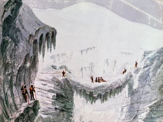 Kiipeily Mont Blancilla, kiipeilijät ripustettu railosta, akvarelli, Ranska