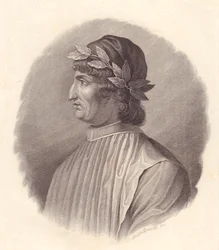 Italian runoilijan ja humanistin Angelo Ambroginin muotokuva, joka tunnetaan myös nimellä Poliziano (1454-1494), G Bonattin kuparikaiverrus