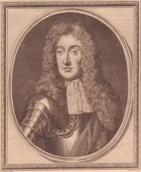 Englannin Jaakko II:n (1633-1701) muotokuva, John Goldarin (1729-1795) kuparikaiverrus G Knellerin maalauksesta.