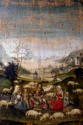 Kohtaus Vanhasta testamentista, maalattu taulu, yksityiskohta Old Sacristy -kaapeista, Pyhän Marian armollisen kirkon (UNESCO World Heritage List, 1980), Milano. Italia