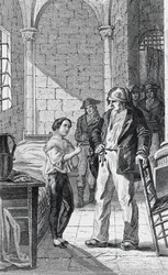 Dauphin Louis Charles ja hänen hoitajansa Antoine Simon Templen vankilassa, Philippoteaux’n ja Girardet’n kaiverrus, Ranskan vallankumous, Ranska