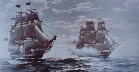 USS Constitution ja HMS Java (väri litho)