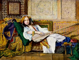 "Haaremissa" Itämainen nainen makaa sohvalla, kädessään cistrum (luuttu). John Atkinson Grimshaw