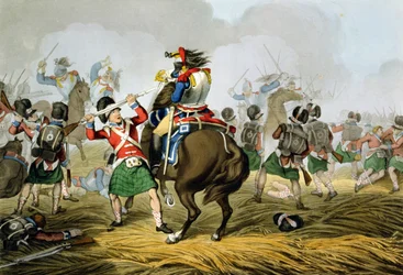 Ranskalaiset Cuirassiers Waterloon taistelussa, Highlanders ja Scots Greys syyttäjät ja voittaneet, kaiverrettu Matthew Dubourg (fl.1813-20) pubista "Historialliset, sotilaalliset ja merivoimien anekdootit". Hei hei