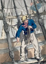 Taiteilijan kaivertaman Costume of Great Britainin lyijyä, pubi. William Miller ja James Walker, 1807 (värillinen etsaus)