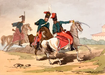Husaarit unkarilaistyylisissä univormuissa, kuvitus James Walkerin teoksesta "The Manners, Customs and Amusements of the Russian", julkaistu 1803-4 (akvatinta-etsaus)
