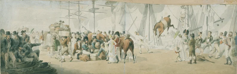 Joukkojen ja hevosten majoitus Margatessa (Englanti) noin vuonna 1800. John Augustus Atkinsonin (1775-1833) akvarelli (17,8x54 cm), 1800-luvun alku.