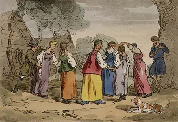 Village Amusements, taiteilijan kaivertama, taiteilijan kaivertama kylähuvi, levy 82 nide III:sta "Venäläisten tavat, tavat ja huvit", pub. 1804 (akvatinta)