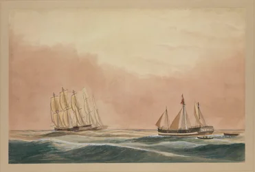 Futty Satam -alusta hinaamassa Mauritiukselle parakki "Otter" ja laiva "City of Poona" 1851, noin 1851 (vesiväri).