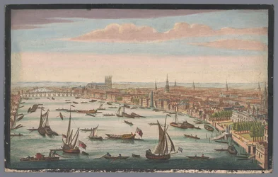 Näkymä Thames-joelle ja Lontoon Cityyn luoteesta Westminsterin kaakkoisnäkymä Somerset Housesta Westminster Bridgelle (otsikko esineessä)