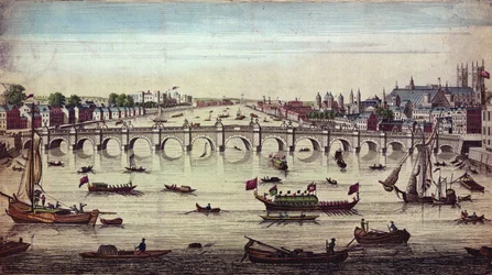 Westminster Bridge, joka katsoo länteen, julkaissut J. Bowles, 1747