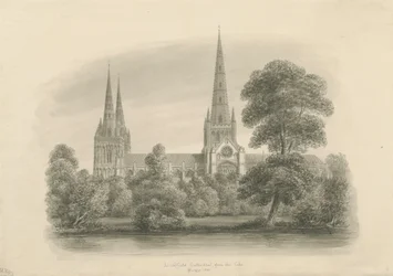 Lichfieldin katedraali - Etelänäkymä: seepiapiirros, 1841