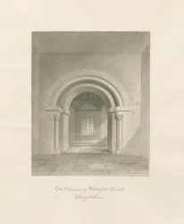Vesiputouskirkko - Chancelin sisätilat: seepiapiirros, 1847