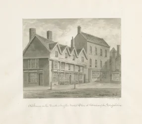 Wolverhampton - Vanhat talot Market Placen eteläpuolella: seepiapiirros, 1847