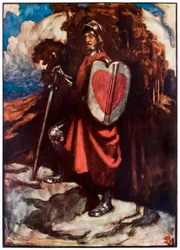 Herra Greatheart kirjasta Pyhiinvaeltajan edistyminen tästä maailmasta tulevaan, John Bunyan (1628-1688) Kuvitus Byam Shaw (1872-1919), Isosydän, Christianas suojaava ja uskollinen seura