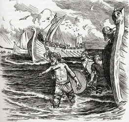 The Landing of the Jutes at Isle of Thanet, Kent, Englanti, 449 jKr, kirjasta "The Church of England: A History for the People", julkaistu n. 1910