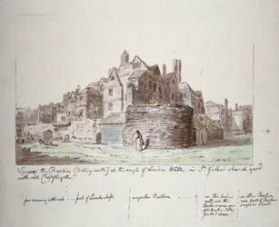 Bastioni Lontoon muurin kulmassa, St Giles ilman Cripplegaten kirkkomaata, Lontoon kaupunki, 1779