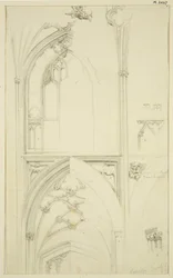 Yksityiskohdat Clerestory Window Tracery -ikkunasta ja käytävän holvista alla, St Mary Redcliffe (kynä ja akvarelli paperilla)
