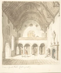 Lean linna, Worcestershire, näkymä suuressa salissa, katse länteen, n. 1816.