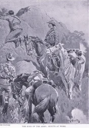 Armeijan silmät, tiedustelijat työssä, teoksesta After Pretoria: The Guerilla War, jonka on julkaissut Harmsworth Bros Limited, 1901.