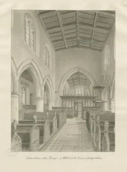 Blithfieldin kirkon sisätilat: seepiapiirustus, 1824