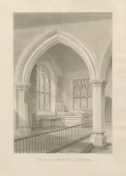 Ellastonen kirkon sisustus: seepiapiirustus, 1841
