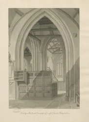 Leighin kirkon sisustus: seepiapiirustus, 1841