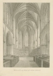 Lichfieldin katedraalin sisustus - Kuoro ja Lady Chapel: seepiapiirustus