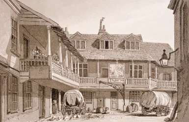 Tabard Inn Borough High Streetillä, Southwarkissa, Lontoossa, 1827.