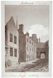 Näkymä kohti Montague Housen porttia, Southwark, Lontoo, 1827