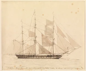 50-tykkinen fregatti, jonka purjeet on nostettu, tyyni ja hieno, markiisit levitetty, 1800-luvun puoliväli (tussi ja ruskea tussi ja ruskea tussi).