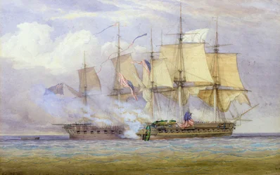 HMS "Shannonin" ja amerikkalaisen "Chesapeake"-aluksen välinen voiton hetki 1. kesäkuuta 1813, 1857.