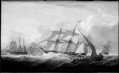 Alus HMS "Columbine" ja muita veneitä Lissabonin rannikolla (Portugali). öljy kankaalle.