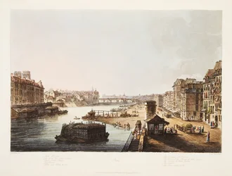 Pyhän Loiuksen saari, Nortre Damen kirkon tornit, Notre Damen silta, Louvre, Corn Quay, kuvitus Versaillesista, Pariisi ja Saint Denis, pub. 1805 (akvatintta)