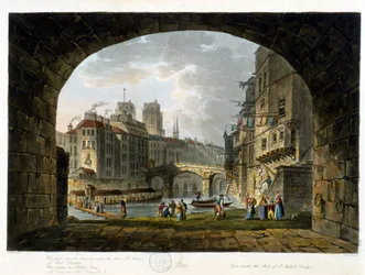 Pariisi: Pont de Chatelet ja Hotel Dieu - julkaisussa "Paris vu par J.C. Mattes", toim. Miller, Lontoo