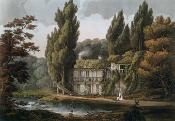 Ruokasali Marie-Antoinette Hameaussa, kuvitus "Versailles, Paris and Saint Denis", julkaistu Lontoossa 1809 (värikaiverrus)