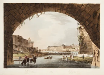 Louvre; rahapaja; 4 kansakunnan kollegio; Jälleenyhdistymisen silta, kuvitus teoksesta Versailles, Pariisi ja Saint-Denis, julkaistu 1805