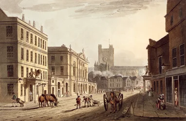 Näkymä kaupungintalolle, torille ja luostarikirkolle, "Bath Illustrated by a Series of Views", kaivertanut John Hill (1770-1850) pubi. kirjoittanut William Miller, 1804 (akvatinta)