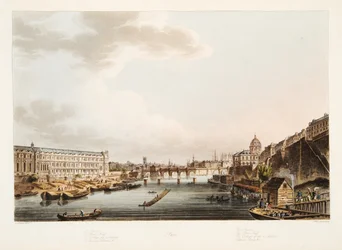 Louvre; Pont Neuf; 4 kansakunnan kollegio; Quai Voltaire, kuvitus teoksesta "Versailles, Pariisi ja Saint-Denis", julkaistu 1805
