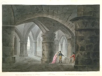 Turistit vierailevat Henri de La Tour dAuvergnen (1611-75) Vicomte de Turennen haudalla Saint-Denisin kirkon kryptassa, 1809 (värikaiverrus)