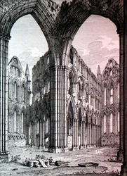 Whitby Abbey, Yorkshire, kuvitus J.D. Hardingin teoksesta Views of English Abbeys and Cathedrals, n. 1815 (etsaus)