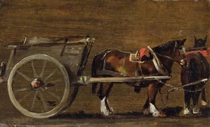 Maatilakärry, jossa on kaksi hevosta valjaissa: Tutkimus kärrylle Stour Valleyssa ja Dedham Villagessa, 1814 (öljy kankaalle aluksella)