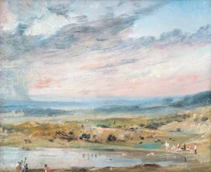 Charneca de Hampstead, com lagoa e banhistas finlandeses