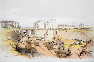 Tukimuurin rakentaminen lähellä Park Streetiä, Camden Town, Lontoo, 17. syyskuuta 1836 1838